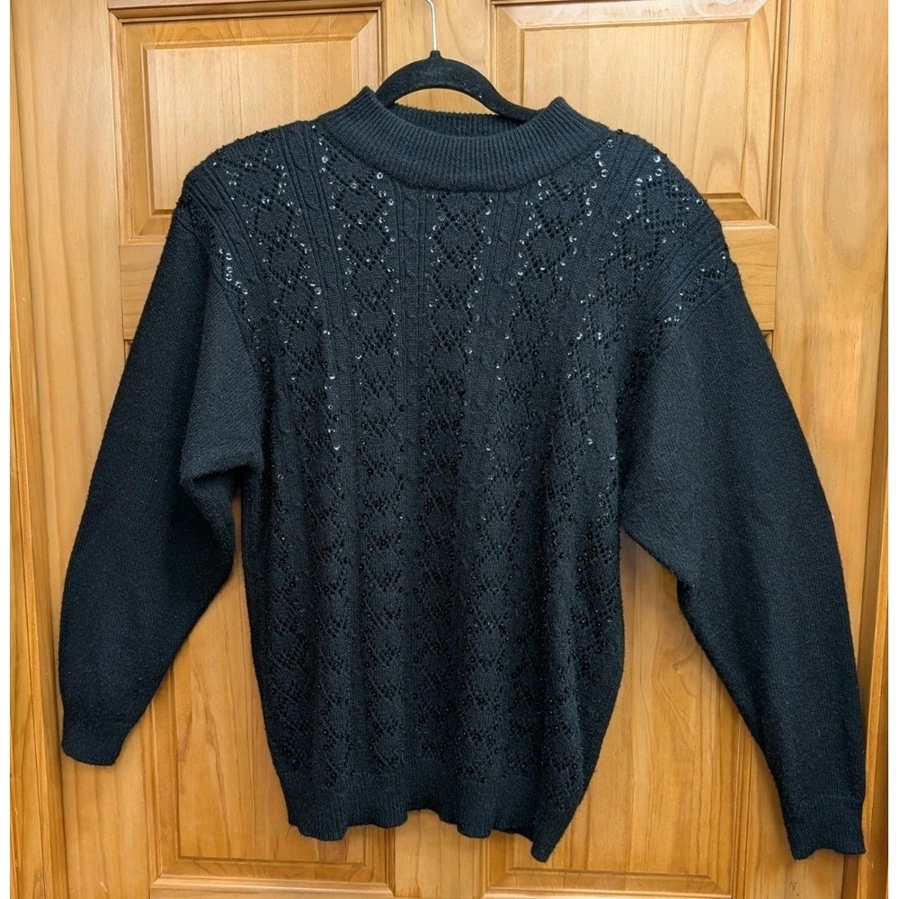 Alfred Dunner Women's 2X Sweater Sequins Black Pullover Crew Neck Cocktail Party